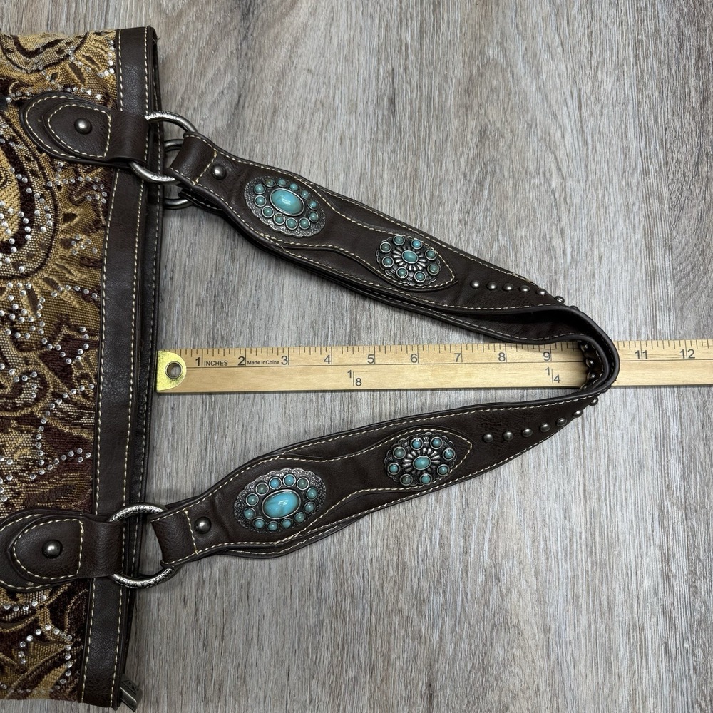 Montana West Cowgirl Tapestry Handbag Turquoise Concho Handles Rhinestone Bling - Picture 16 of 16